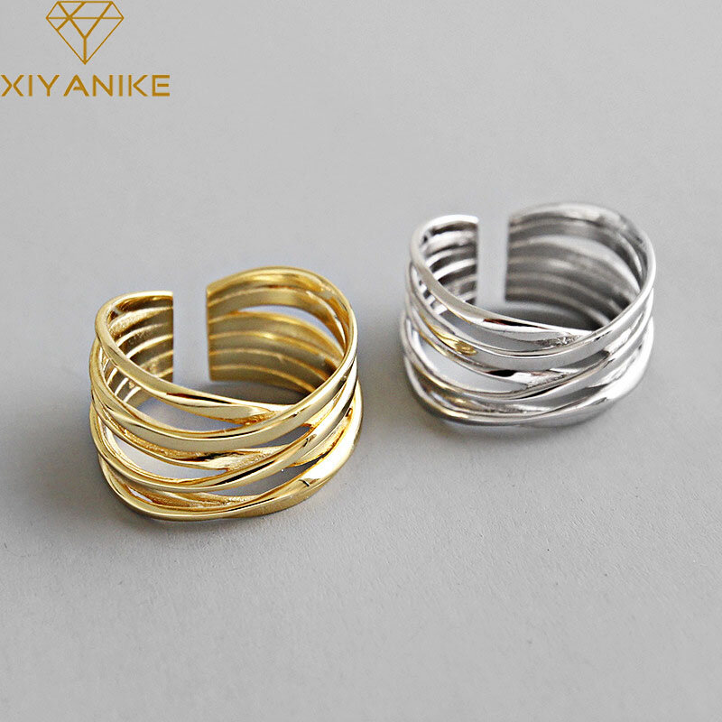 XIYANIKE srebrne kolorowe pierścienie kreatywne wielowarstwowe linia nawijania geometryczne ręcznie dla kobiet para rozmiar 17.2mm regulowany