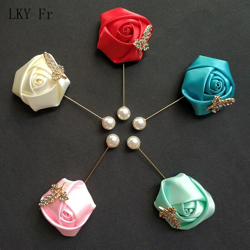 LKY Fr Boutonniere Brooch Corsage Pins for Women Men Red Wedding Buttonhole Boutonniere Groomsmen Prom Suit Marriage Accessories