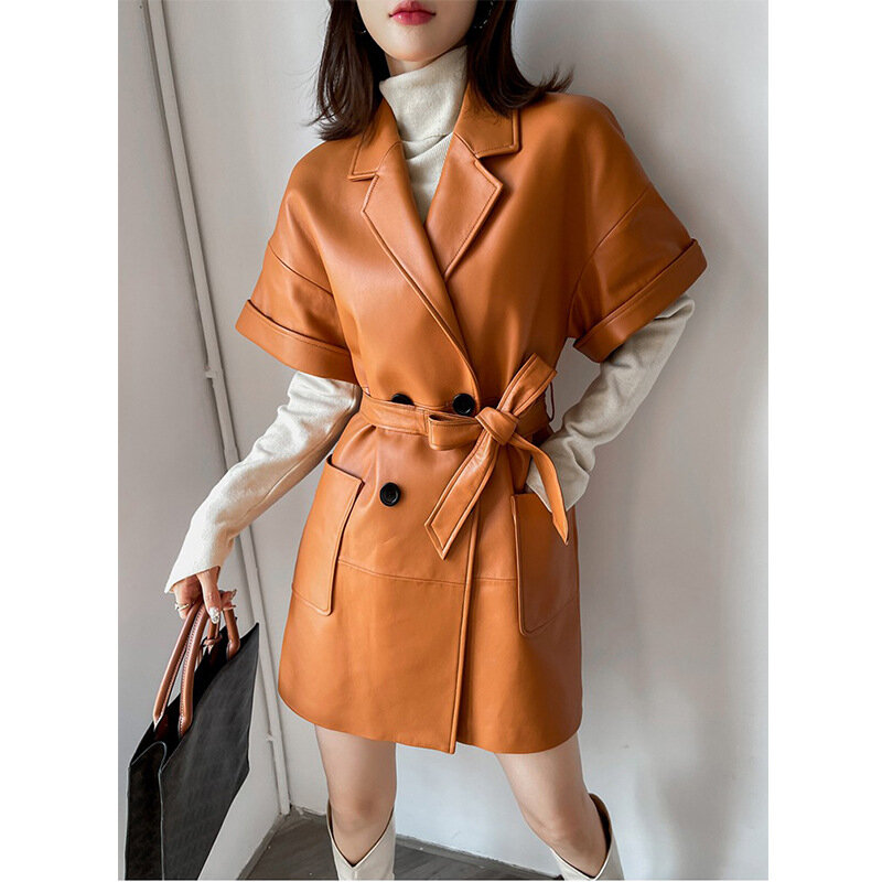2022 New Genuine Sheep Leather Jacket Women's Suit Collar Real Leather Trench G8