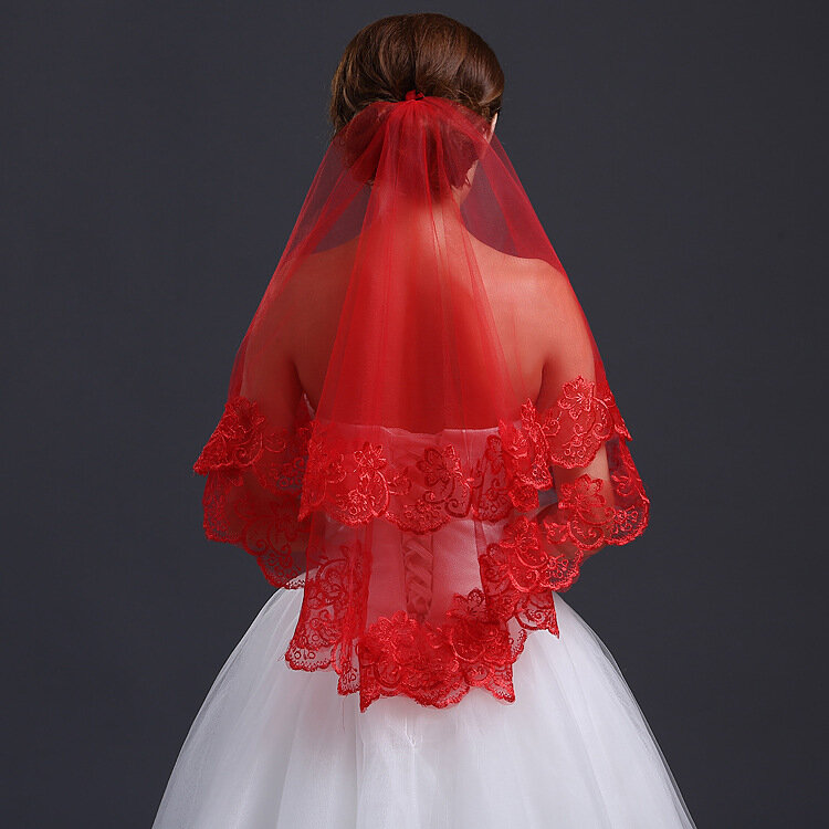 2024ผ้าคลุมหน้าปักลายลูกไม้สีแดงสำหรับเจ้าสาวในงานแต่งงาน
