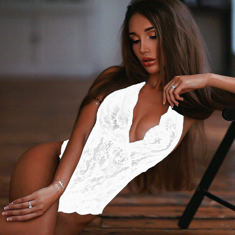 2018 Europe and the United States Amazon pop sexy perspective lace strap Halter one piece lingerie  Female uniform code