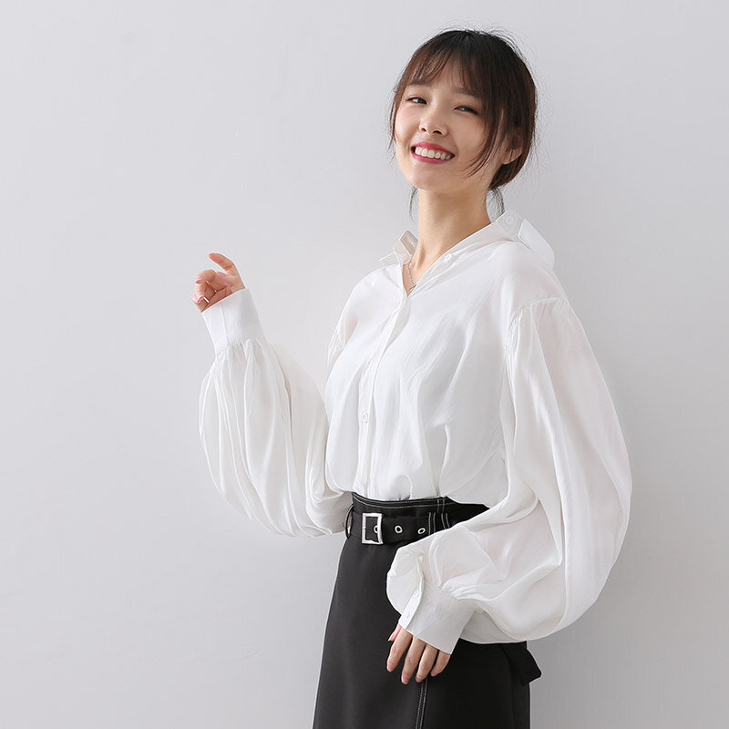 Autumn Chiffon Blouse Women Puff Sleeve Sweet Korean Tops Young Loose Office Shirt Spring Autumn Elegant Female Blouses DD2347