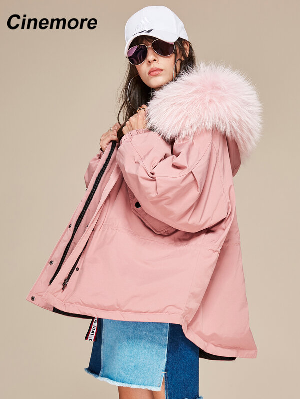 CINEMORE 2021 여성 자켓 후드 자연 진짜 큰 모피 칼라 겨울 파카 루스 모피 안감 패션 파카 코트 여성 870602