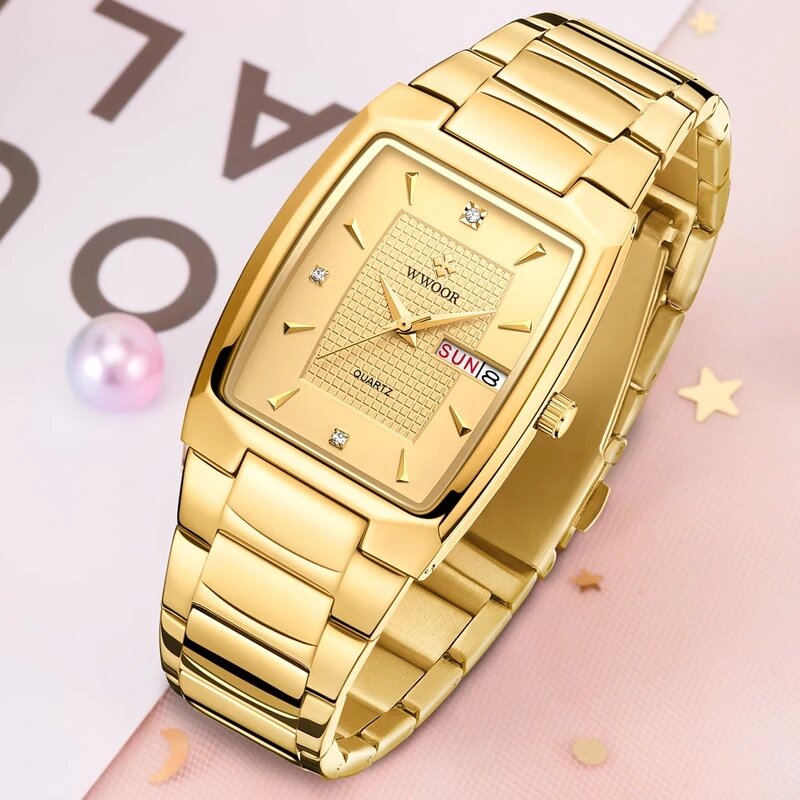 WWOOR-Reloj de pulsera cuadrado para mujer, de acero inoxidable, dorado, sencillo, resistente al agua, de lujo, de cuarzo, elegante, para regalo