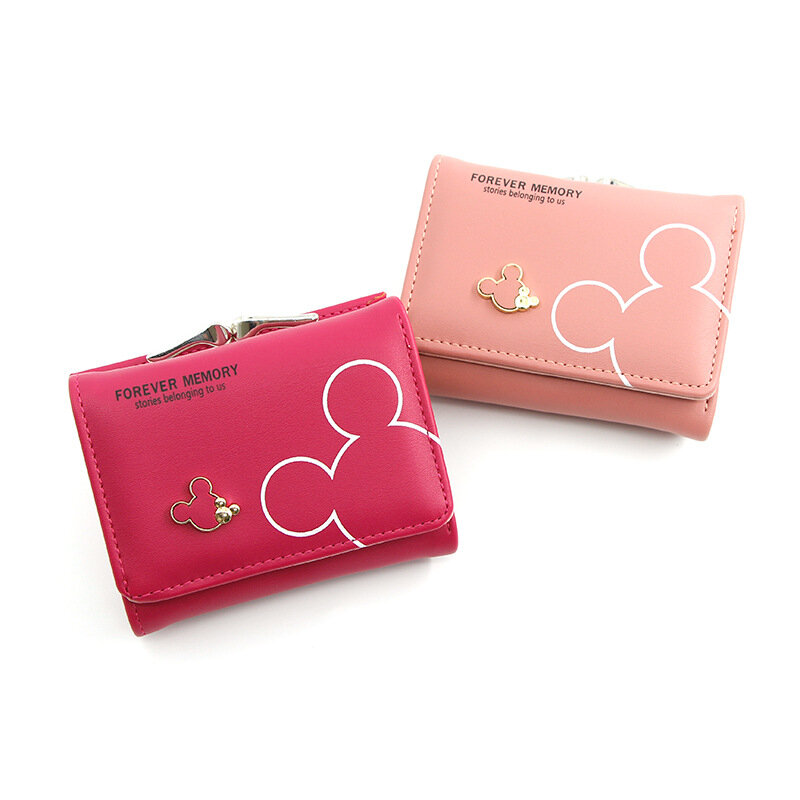 Disney-Bolso de Mickey Mouse para mujer, Cartera de moda de PU, monedero de diseñador con broche, tarjetero pequeño para mujer