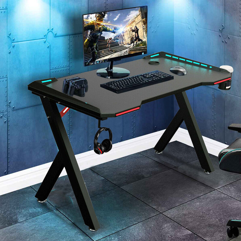 Meja Permainan PC Komputer Gamer Meja Ergonomis Workstation dengan RGB Lampu LED Headphone Kait Cangkir Pemegang untuk Rumah Kantor