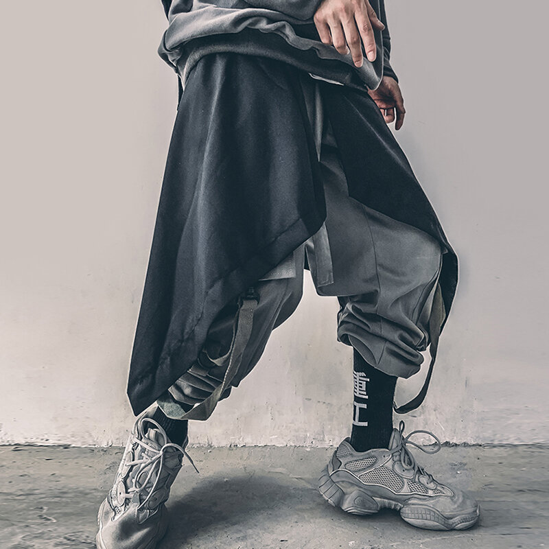 Falda Irregular de Hip Hop para hombre, ropa de calle ajustable Harajuku, delantal plisado negro, dobladillo gótico