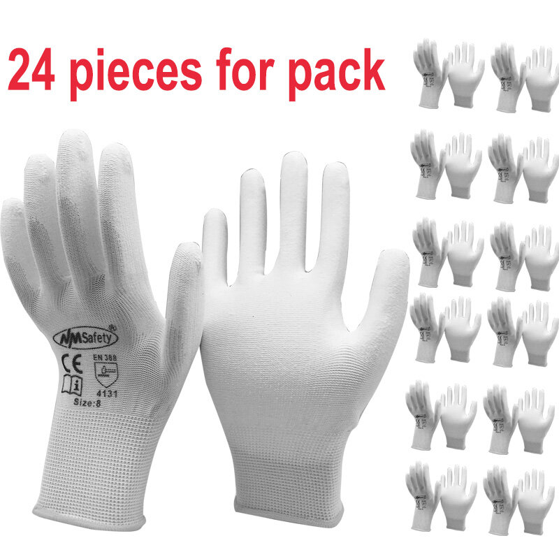 24 peças/12 pares branco anti estática luvas de trabalho protetor com forro de malha de náilon mergulhado plutônio na luva de palma