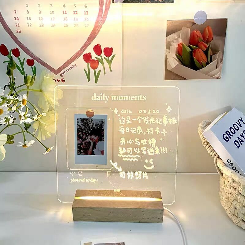 MINKYS New Arrival USB Acrylic Daily Moments Photo Memo Message Board With Wood Stand Holder Set Lamp Creative School Stationery