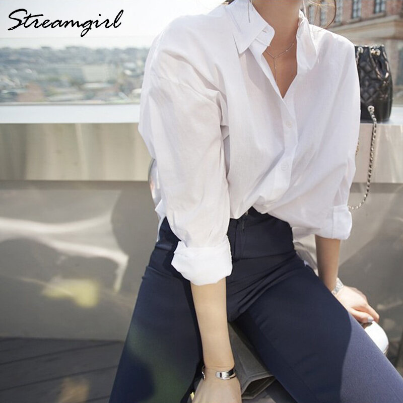 Streamgirl-camisa blanca holgada para mujer, blusa informal holgada blanca para mujer, camisas de algodón para novio, Tops de manga larga