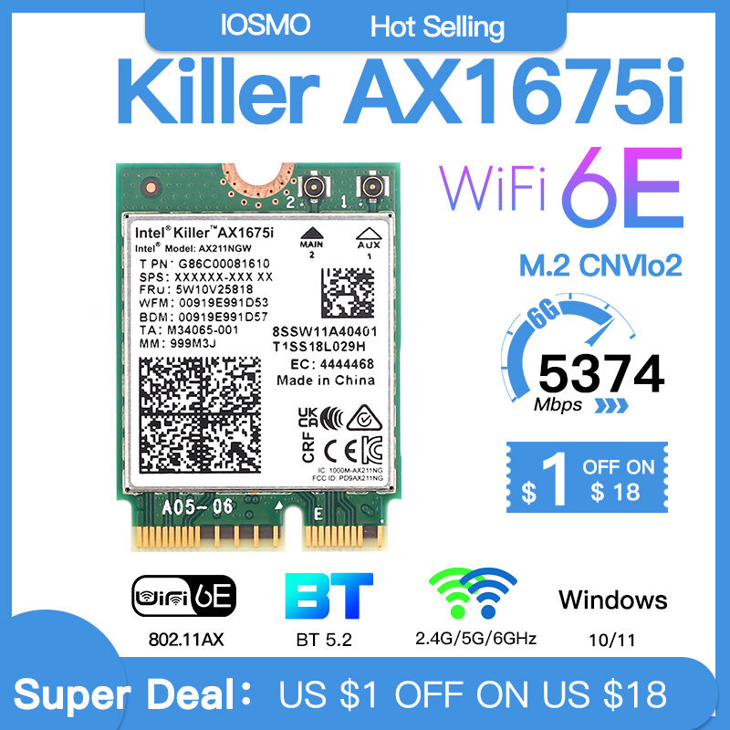 Killer AX1675i Wi-Fi 6E M.2 Key E CNVio 2 Tri Band 2.4G/5G/6Ghz การ์ดเครือข่าย AX211สำหรับบลูทูธ5.2สนับสนุน Windows 10