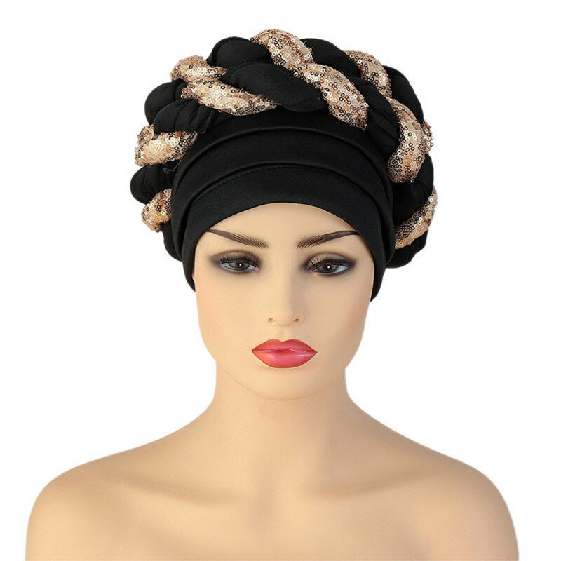 Lantejoulas tranças turbante boné para mulher pronto para usar headtie africano moda feminina festa cabeça envolve turbante mujer muçulmano hijab