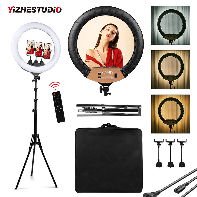 Yizhestudio-anel de luz f488, lâmpada de 22 polegadas, led, com 2m de suporte, para fotografia, kit para câmera, celular, maquiagem, youtube