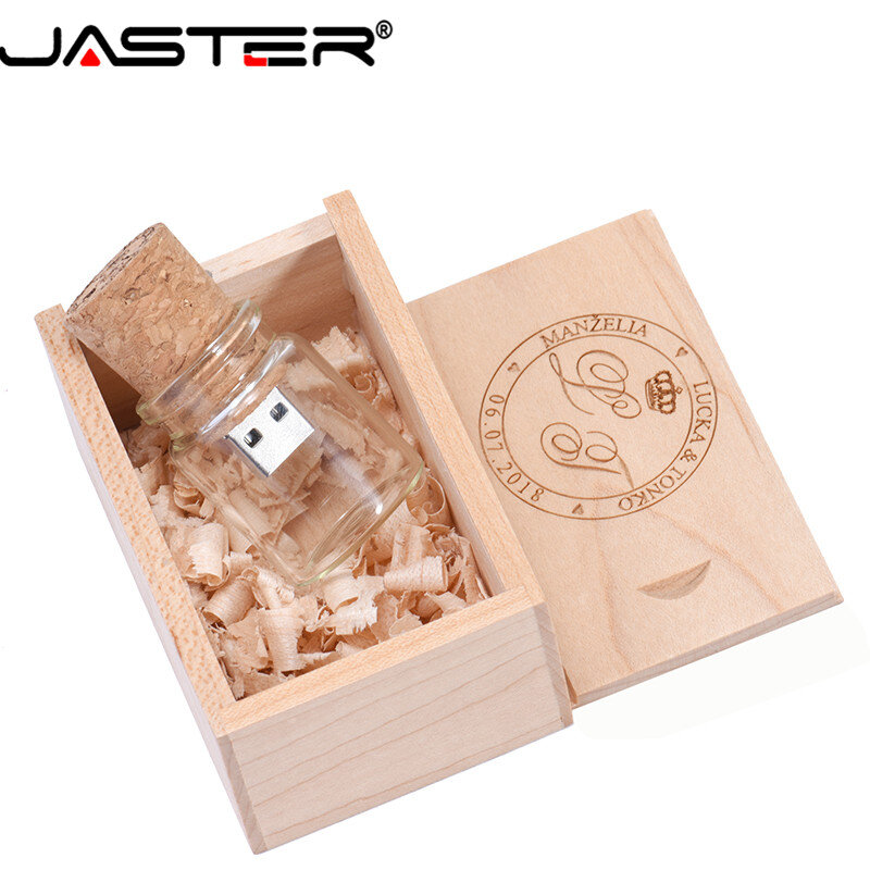 JASTER wood box + wishing bottle USB 2.0 flash drive 8GB 16GB 32GB 64GB glass memory stick drifting bottle U disk wedding gift