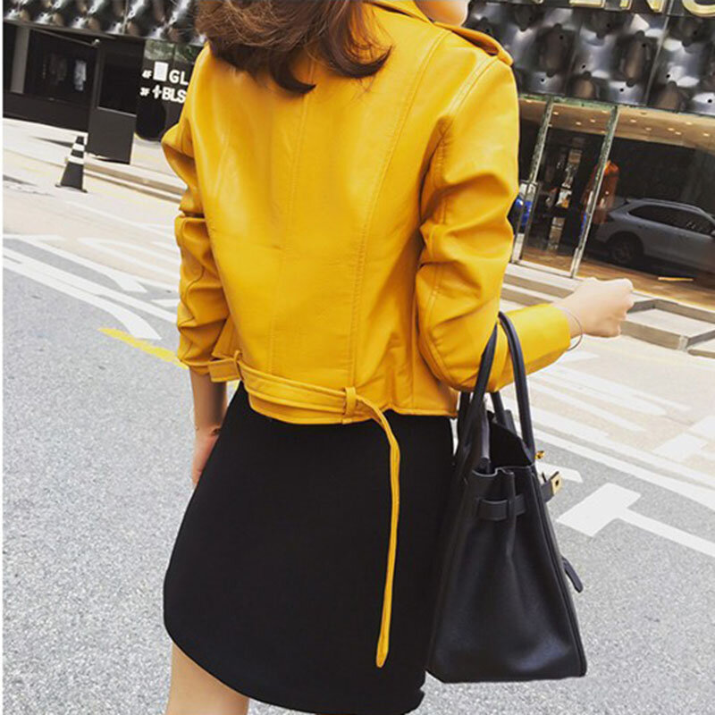 Chaqueta corta de cuero para mujer, chaqueta de manga larga con solapa, Color sólido, Color amarillo, Punk, a la moda, para primavera y otoño