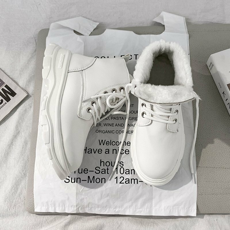 Winter Witte Laarzen Vrouwen Mode Platform Enkellaars Lace Up Combat Laarzen Sneeuw Schoenen Vrouw Warm Pluche 2019 Nieuwe Winter laarzen
