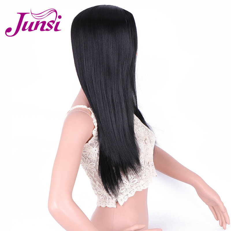 Pelucas largas y rectas JUNSI, peluca de mujer de Color negro Natural Sintético de fibra de alta temperatura