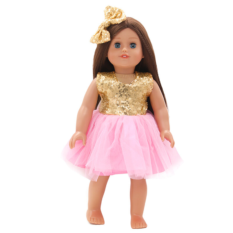 Saia dourada de lantejoulas e laço de boneca com grampo de cabelo encaixe 43cm, novas bonecas de bebê rosa e vestido de gaze conjunto de roupas para bonecas faça você mesmo