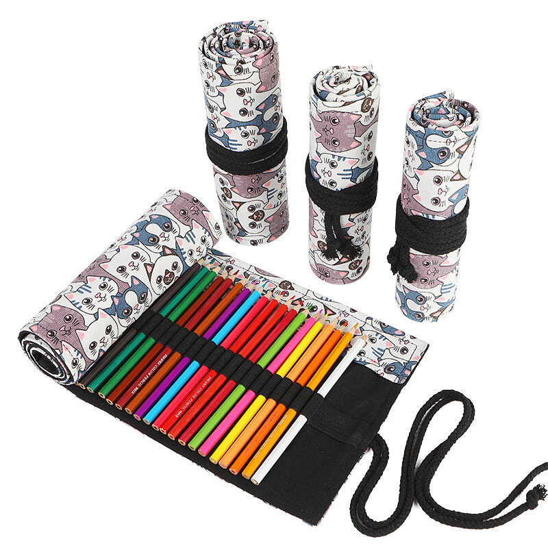 Estuche de lápices enrollable con forma de gato para niñas y niños, bolsa grande para bolígrafos, 12/24/36/48/72 agujeros, papelería
