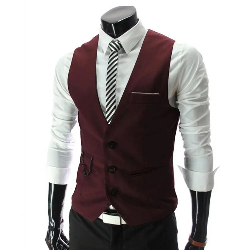 Chaleco Formal sin mangas con bolsillos para hombre, traje de un solo pecho, Color sólido, ropa de negocios para boda, 2021