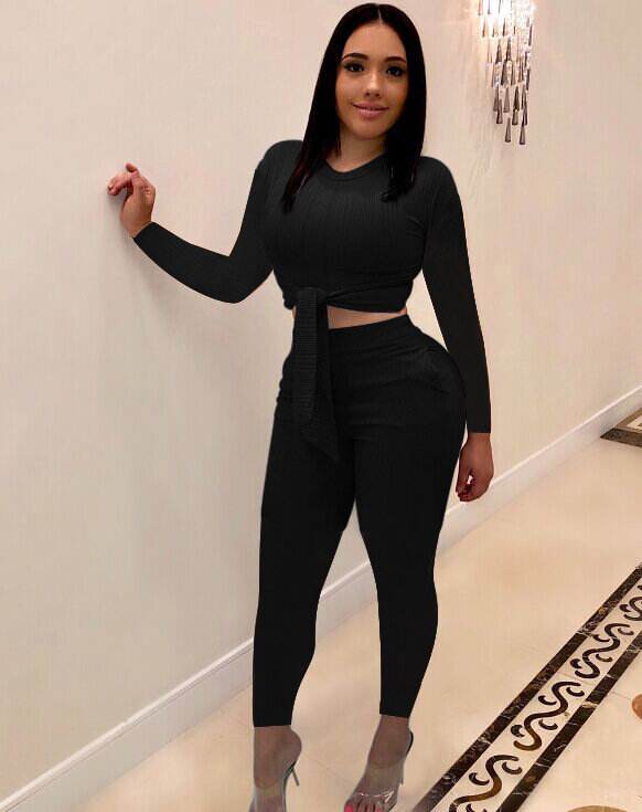 Women's Set Long Sleeve Elastic Knitted Casual 2 Piece Set Crop Tops + Skinny Pants Plus Size Two Piece Outfit Female Tracksuit