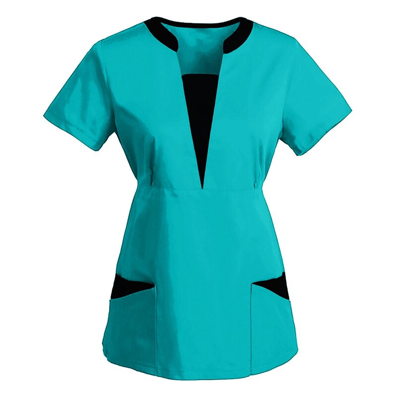 Verpleging Uniform Vrouwen Tops Korte Mouw V-hals Werk Uniform Effen Patchwork Kleur Zakken Blouse Verpleegkundige Werk Uniform Accessoires