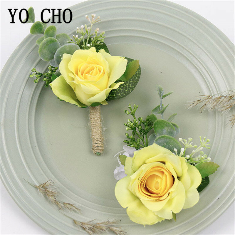 YO CHO 웨딩 실크 코사지 꽃, 브로치 핀, 신부 들러리 손목 코사지 팔찌, 웨딩 장미 꽃, 흰색