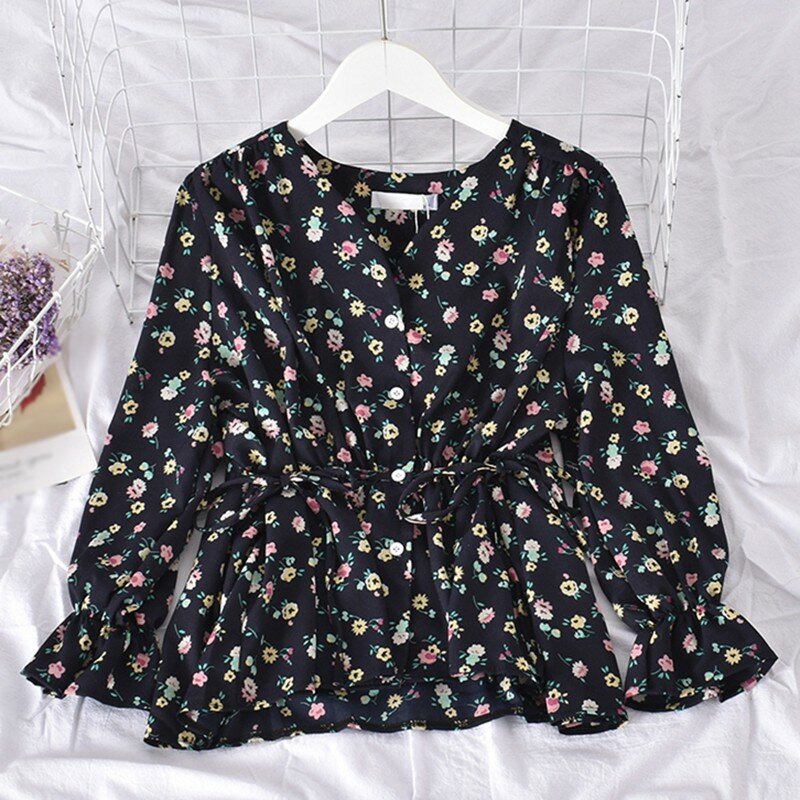 Frauen V-ausschnitt Chiffon Langarm-shirt Koreanische Stil Damen Floral Print Sommer Süße Blusen 2020