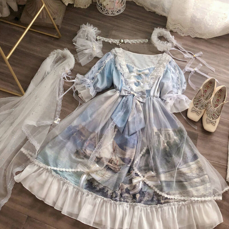 Lolita Dress Op Swan Princess Castle Lolita Flower Wedding Oil Painting Kawaii Print Palace Fairy Dream Dress
