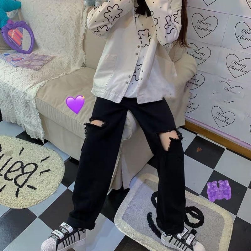 Jeans donna Trendy pantaloni a figura intera allentato vita alta quotidiano Harajuku studenti minimalisti Design buco versione coreana Vintage