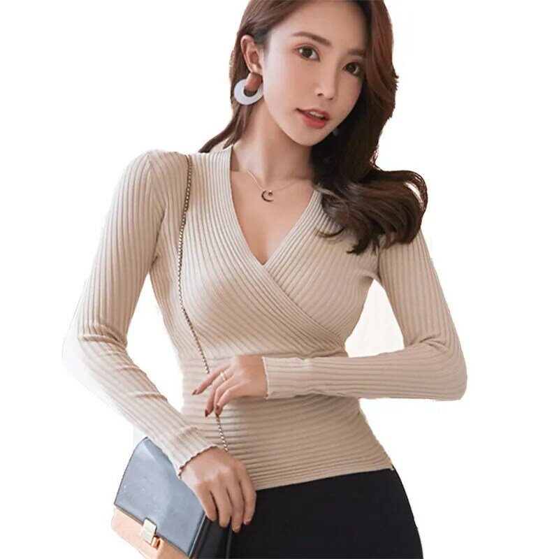 Short Basic Sweaters Women 2023 Sexy Deep V Neck Sweater Women's Pullover Slim Bottoming Sweaters Female Elastic Cotton Tops