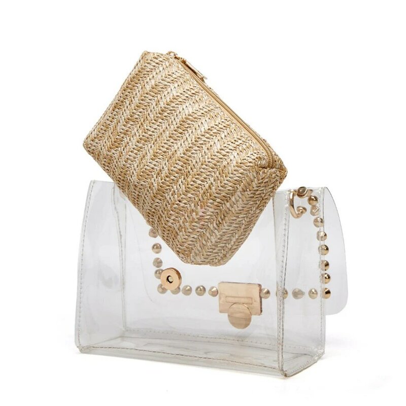 Bolso de mano de PVC transparente para mujer, bolsa cruzada con cadena, de tejido bohemio, con remaches, color caqui, informal