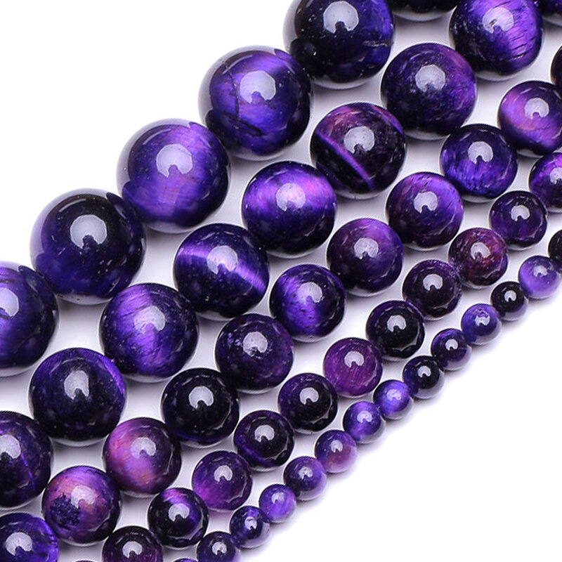 Cuentas de piedra Natural AAA para fabricación de joyas, cuentas de ojo de tigre púrpura, 4mm, 6mm, 8mm, 10mm, 12mm, venta al por mayor