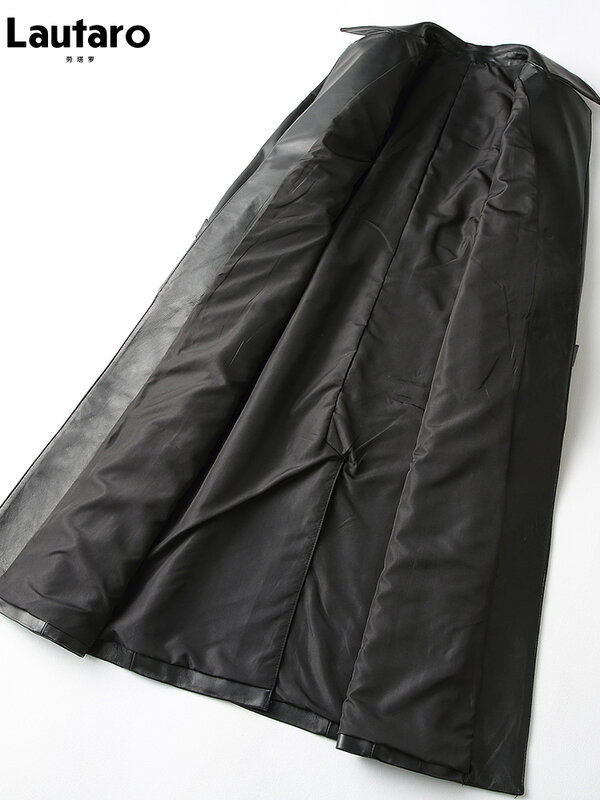 Lautaro ฤดูใบไม้ร่วงสีดำ Pu หนัง Trench Coat สำหรับผู้หญิงแขนยาวเข็มขัด Elegant แฟชั่นสไตล์อังกฤษ2021 4xl 5xl 6xl 7xl