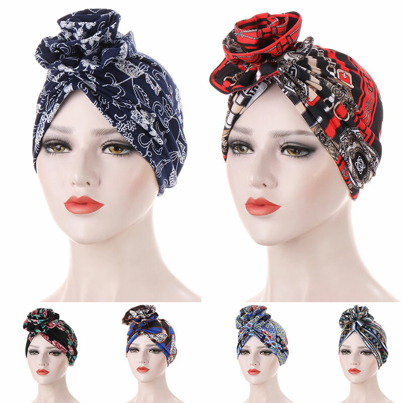 2021 Flower Print Women's Turban Hat Flower Cloth Bonnet Hat Street Shooting Hijab Decorative Hedging Cap Decorative Turban Hat