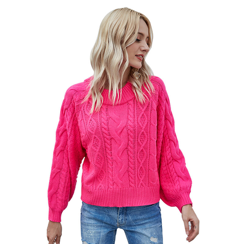 Sweter Neon Wanita Musim Gugur Musim Dingin Kaos Rajut Longgar Leher-o Kasual Wanita Motif Mie Grain Jumper Merah Muda Fuchsia