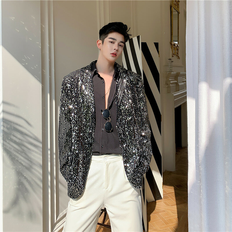 Silver Black Sequins Loose Blazers Bar Nightclub Male Punk Rock Singer Concert Stage Performance Coat Party Show Costume