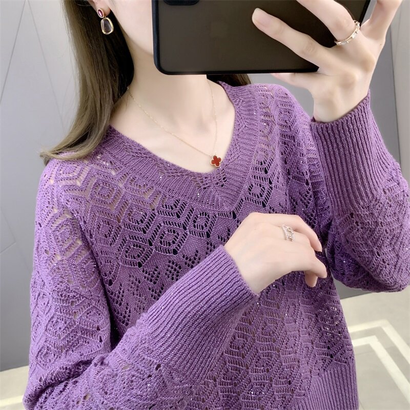 autumn new style foreign style short style small sweater women's hollowed out sweater Sequin top high waist thin