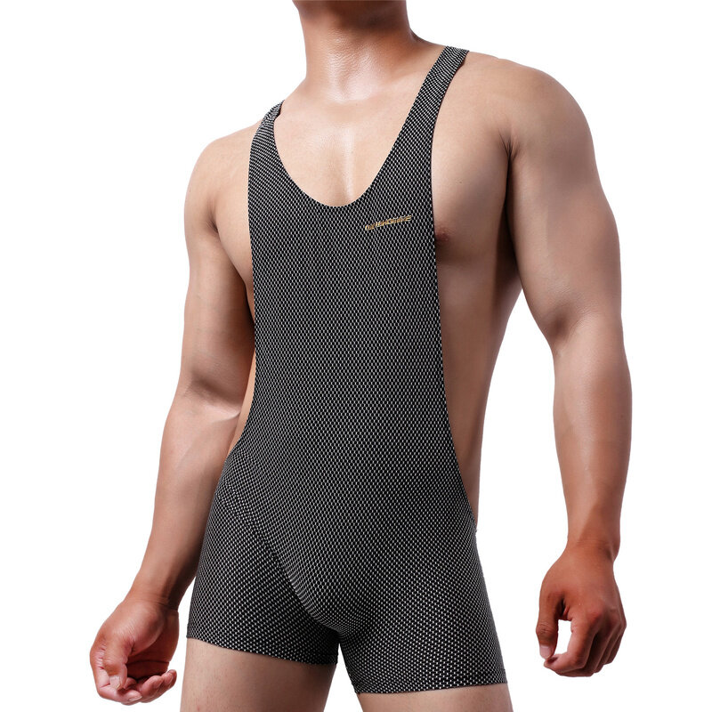Mens Undershirts Leotard กีฬายิมฟิตเนสเพาะกาย Jumpsuits มวยปล้ำ Bodysuits กางเกงขาสั้นกระเป๋าชุดชั้นในลื่น