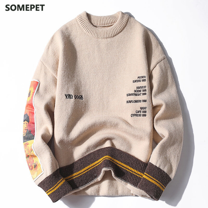 Zimowy dzianinowy haftowany sweter męski Harajuku hiphopowy sweter sweter Jumper mężczyźni odzież moda kreskówka para swetry