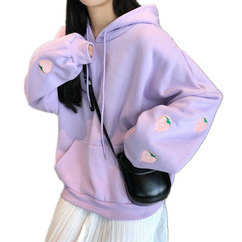 Sudadera con capucha de manga larga para mujer, suéter holgado con bordado de fresas, lavanda, Harajuku, rosa, Kawaii