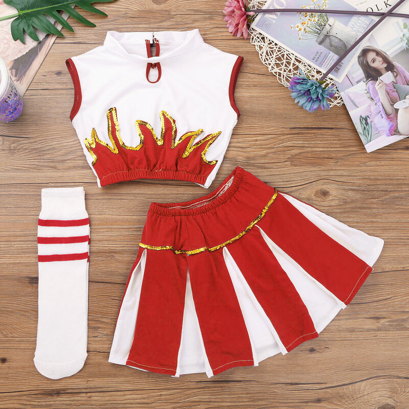สาวเชียร์ลีดเดอร์เด็ก Cheer ชุด Crop Top กับกระโปรงและถุงเท้า Dancewear สำหรับ Carnival Cosplay Party