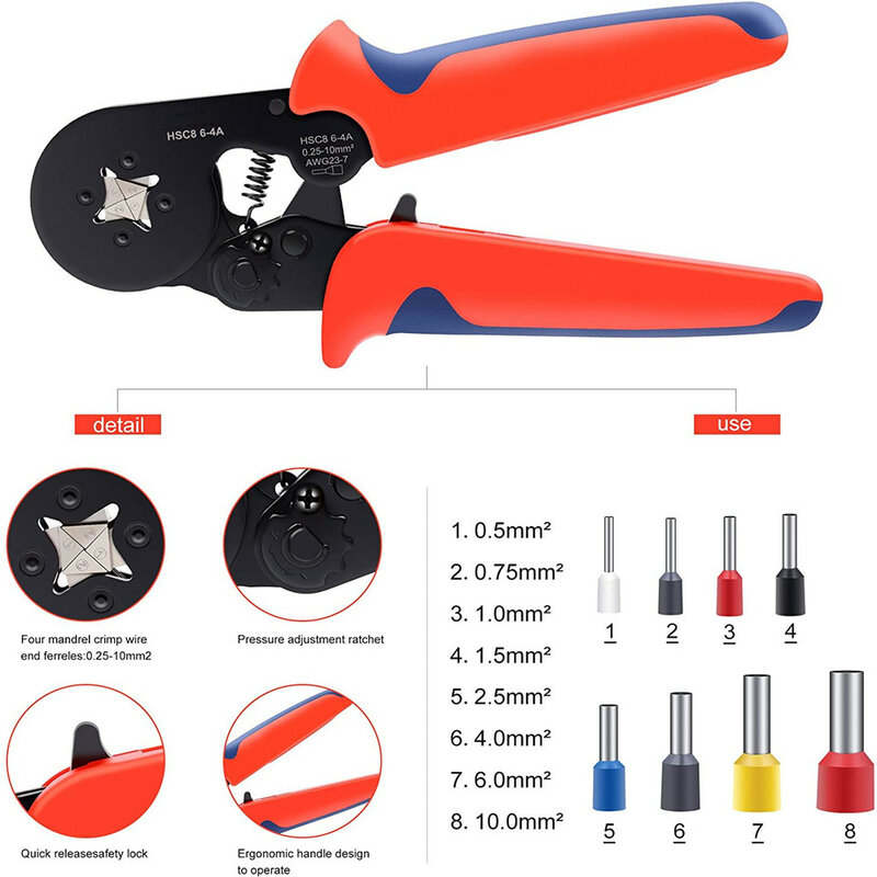 HSC8 6-4/6-6/6-16 Crimping Pliers Kit YE-1R Stripping Cutting Plier With 1200pcs/box Tube Terminal Suit Electric Tools Set