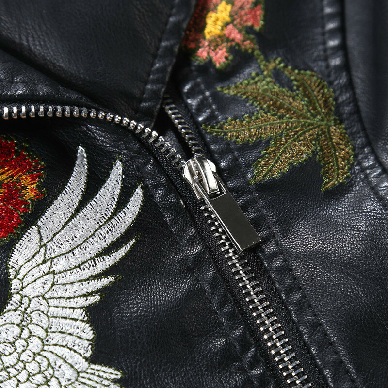 女性用PUレザージャケット,花で刺繍,折り返し襟,ジッパー,黒,秋