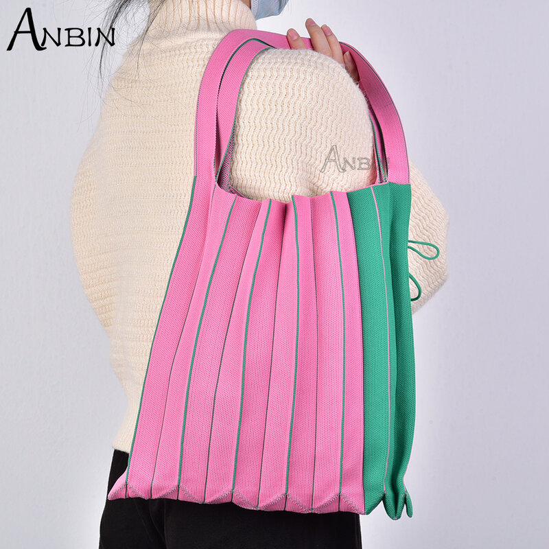 Bolsa de ombro feminina malha dobras design feminino moda retalhos estilo coreano chique plissado sacola de compras elegante tote bolsas