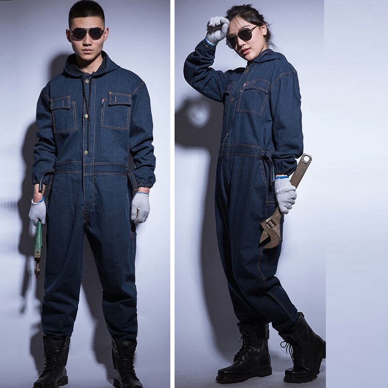 Denim Welding Suit Thick Working Jumpsuit Men Women Welder Overalls Auto Repair Coverallls Multi Pockets Suit Oficina Mecanica