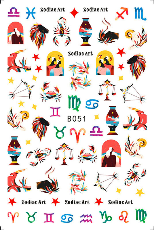 Zodiac Sign Nail Art Sticker, Designs, Sliders, Envoltório, Dicas Decorações, Auto-Adesivo, 12 Constelações, Bonito, Desenhos Animados, 1Pc