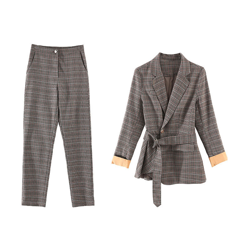 Conjunto de ternos de calças xadrez para mulheres, blazers formais, uniforme elegante OL, conjunto de jaquetas, novo, alta qualidade, 2 peças, 2019