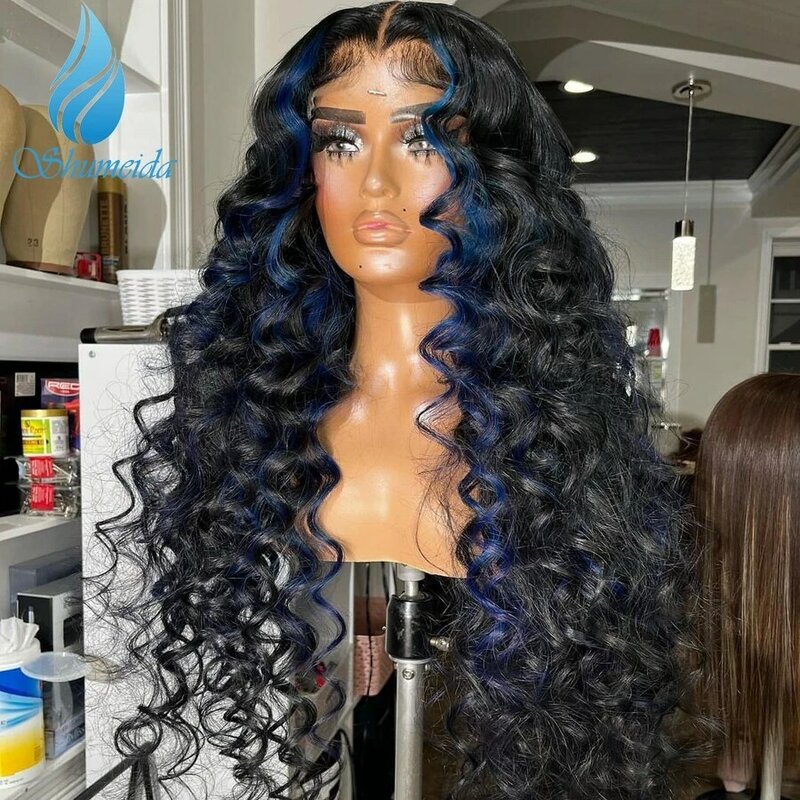 Shumeida-Peluca de cabello humano rizado de 13x4, frontal de encaje postizo, pelo brasileño Remy sin pegamento, línea de pelo prearrancado, Color azul