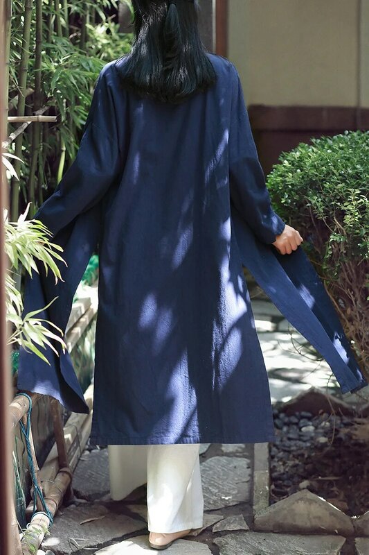 Ropa de algodón y cáñamo para mujer, hebilla de placa de cáñamo chino retro, color sólido, cuello de pie largo, primavera 2020